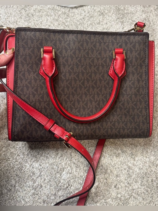 Michael Kors Hope Medium Messenger Bag Flame Red & Brown Satchel Purse w/ Strap - Picture 3 of 10